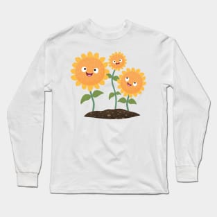 Cute happy sunflowers smiling cartoon illustration Long Sleeve T-Shirt